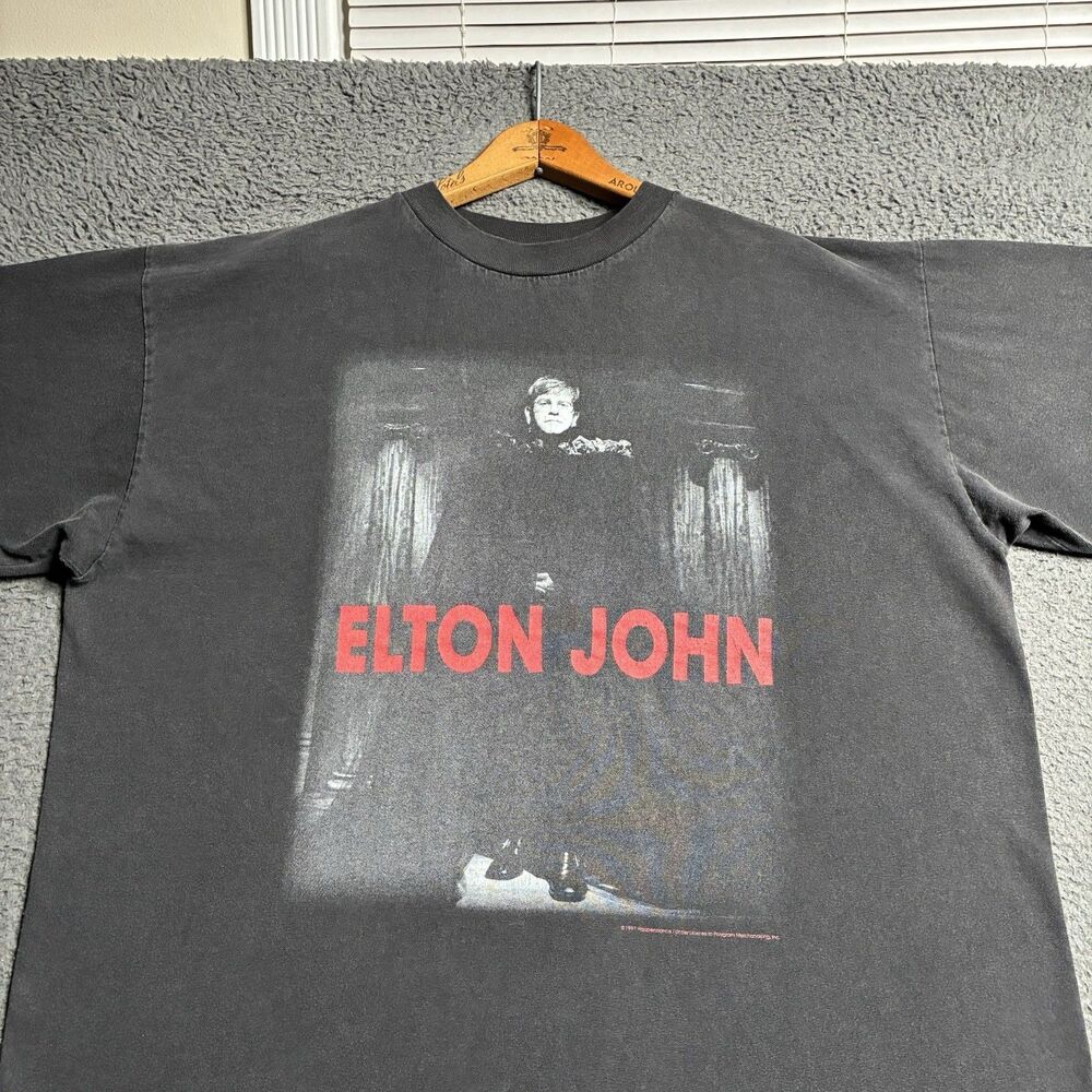 Vintage Elton John Shirt Mens XL Black Faded Gradient Polygram Grunge Band Tee